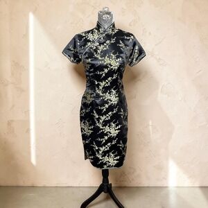 Black Gold Floral Silk Cheongsam Mandarin Collar Qipao Maxi Dress Size 36 Party
